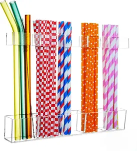 9.5" Large Acrylic Straw Holder for Cabinet Door - Reusable Tumbler Straw Organizer Storage Racks, Kitchen Accessories Container, Sticky Cupboard Door Mounted (Transparent)