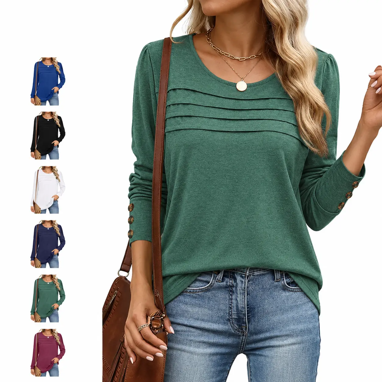 Women's Cotton Fabric Long-Sleeve Pleated U-Neck Pintuck Pullover Blouse - Soft-Fit Relaxed Wear Plain Top, Hand-Wash Only, Colorful Blue Fabric