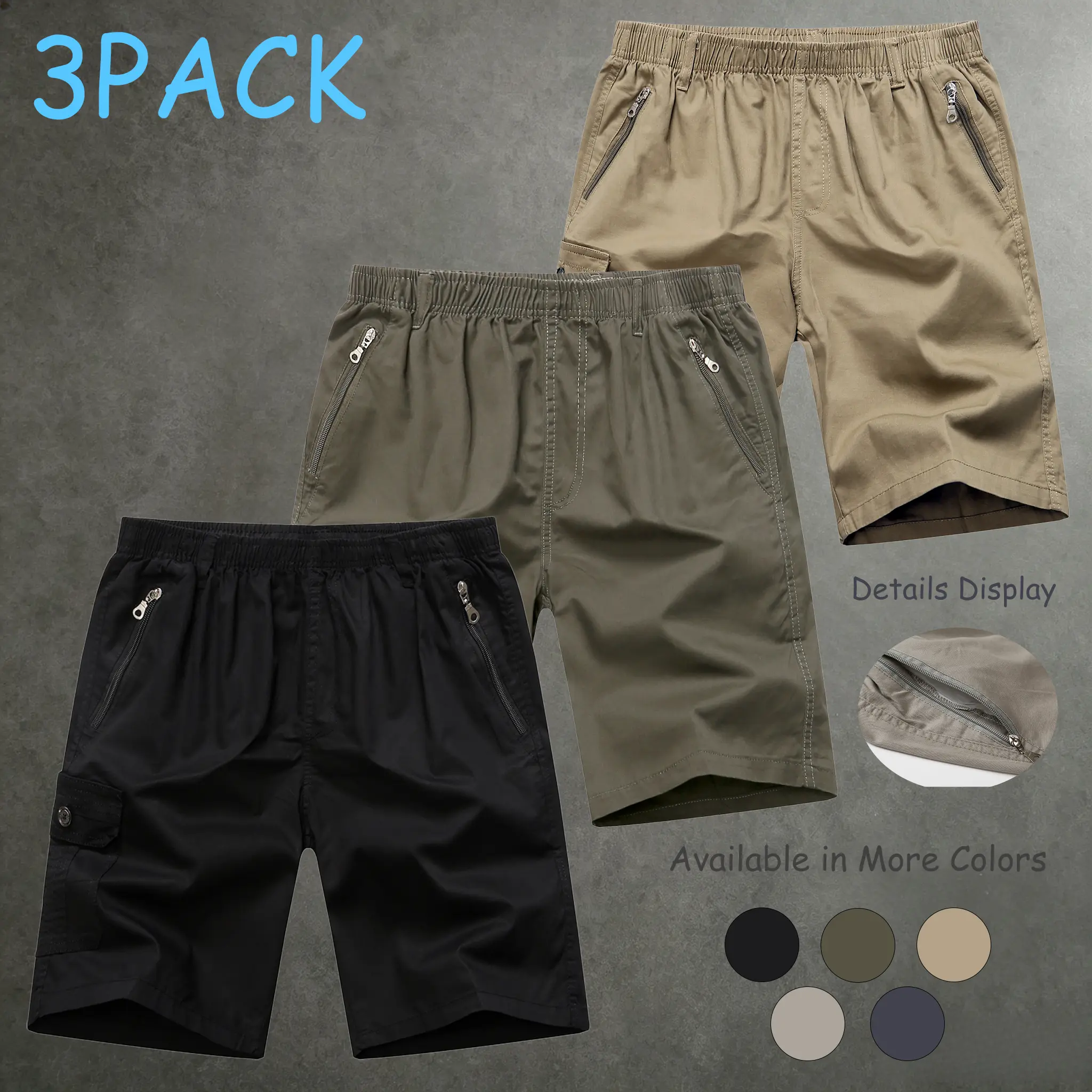 3-Pack Quick-Dry Casual Men’s Cargo Shorts with Zipper Pockets, Outdoor Sports Mid-Length Shorts