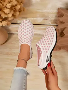 Women's Checkered Flyknit Half Slipper Mules, Thick Sole Anti-Slip Comfortable Casual Shoes, All Seasons Textile Upper