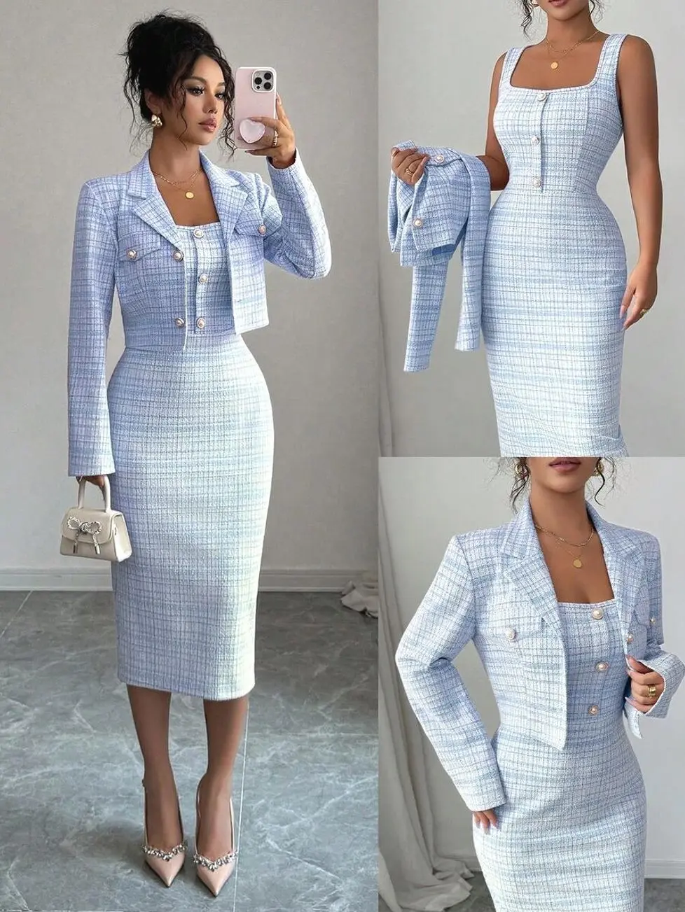 2-Piece Set: Elegant Tweed Short Blazer Jacket + Sleeveless Fitted Bodycon Dress, Classy Suit Set, Spring/Autumn