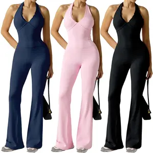 Women's High-Elasticity Yoga Running Workout Jumpsuit Open Back Strapless Neckline Slim-Fit Solid Black Athletic One-Piece for Gym Exercise & Casual Wear