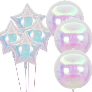 7 Piece Rainbow Star Balloons Aluminum Foil Holographic Transparent Balloons for New Year Holiday Birthday Wedding Single Lady Disco Party Decorations