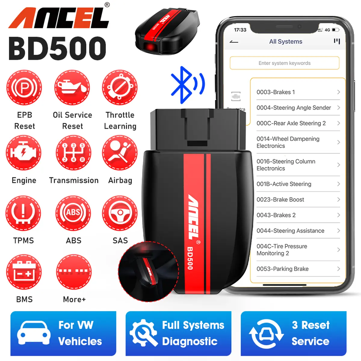 ANCEL BD500 Bluetooth Automotive Scan Tool for VW, Audi, Seat, Skoda, Lamborghini – Full-System OBD2 Code Reader, Car Battery Tester, Engine Diagnostic Tool, EPB Reset for iPhone, iPad & Android (Spanish, Italian Support)