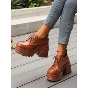 Women's Mary Jane Loafers Thick Sole PU Leather Round Toe Lace-Up Height Increasing Shoes Spring & Fall Fashion Oxford ShoesRAIMENTRY