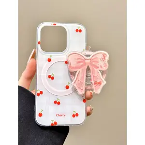 Korean Cute Cherry Bowknot Magnetic Phone Case for IPhone 16 Pro 15 13 14 Pro Max Cover with Magsafe Stand Holder Silicone Cases