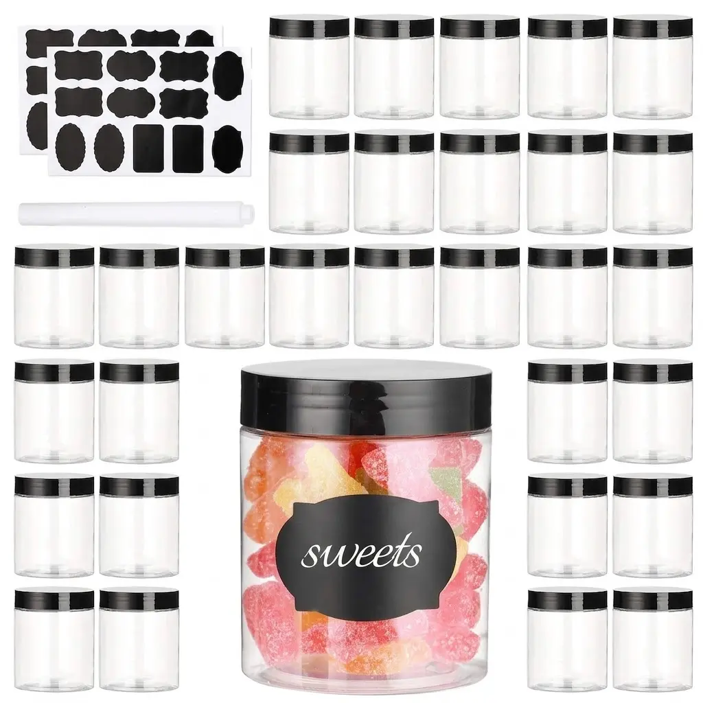 24 Pack 8 OZ Clear Plastic Jars with Lids, BPA-Free Airtight Storage Containers for Dry Goods, Homemade Creams, Slime & Household Organizing