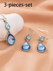 Elegant Blue Teardrop Pendant Necklace Earrings Set, Perfect for Daily Commute Holiday Parties, Beautiful Jewelry Collection