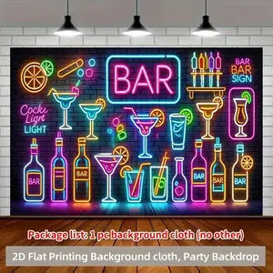 1pc 2D Flat Neon Nightclub Bar Party Backdrop Banner - ft Vibrant Cocktail Themed Decor with "BAR" Sign, Bottles, Glasses & Fruits Durable Polyester for Home, Garden, Studio, Garage No Electr Ornaments White