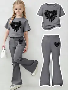 Girls' Stylish Bowknot T-Shirt and Flared Pants Set, Dark Luxurious Two-Piece, Casual Fit, All Seasons Wear, Fashion Style Sets, Casual Summer Set, Summer Outfits Set