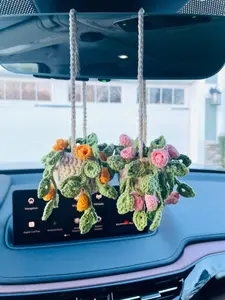 Crochet Rose Car Hanging Plant, Rearview Mirror Decoration, Succulent Hanging Plant, Car Accessory, Birthday Gift, Christmas Gift for Her/Him, Car Decoration, Crochet Lover Gift