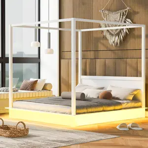 Queen/King Size LED Canopy Bed , Solid Wood Canopy Platform bed With Support Slats, No Box Spring Needed, White