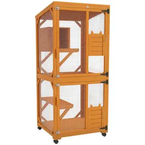 Wooden Catio Cat Tree House with Scratching Post and Wheels with Waterproof Roof, Large Cat House with High-Up Resting Box, Indoor & Outdoor Cat Enclosure with Wheels, for 1-3 Cats