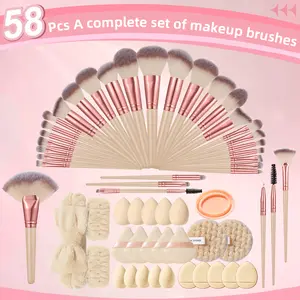 58pcs Facial Makeup Tool Set, 32pcs Makeup Brushes & Hair Ties & 2pcs Wrist Straps & 5pcs Large Makeup Sponges & 5pcs Fan-Shaped Powder Puffs & 5pcs Mini Makeup Sponges & 5pcs Thumb Powder Puffs & 2pcs Cleansing Sponges & Brush Bowl
