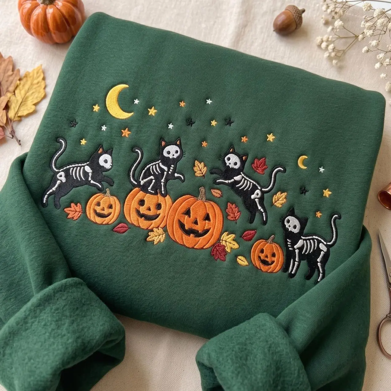 Embroidered Halloween Black Skeleton Cat Sweatshirt, Creepy Fall Pumpkin Crewneck, Cozy Halloween Hoodie, Cute Autumn Tee, Cat Lover Gift