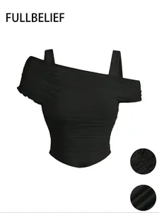 Women's Solid Cold Shoulder Ruched Tee, Fashion Casual Short Sleeve Top for Holiday Vacation, Ladies Clothes for Summer, Womenswear