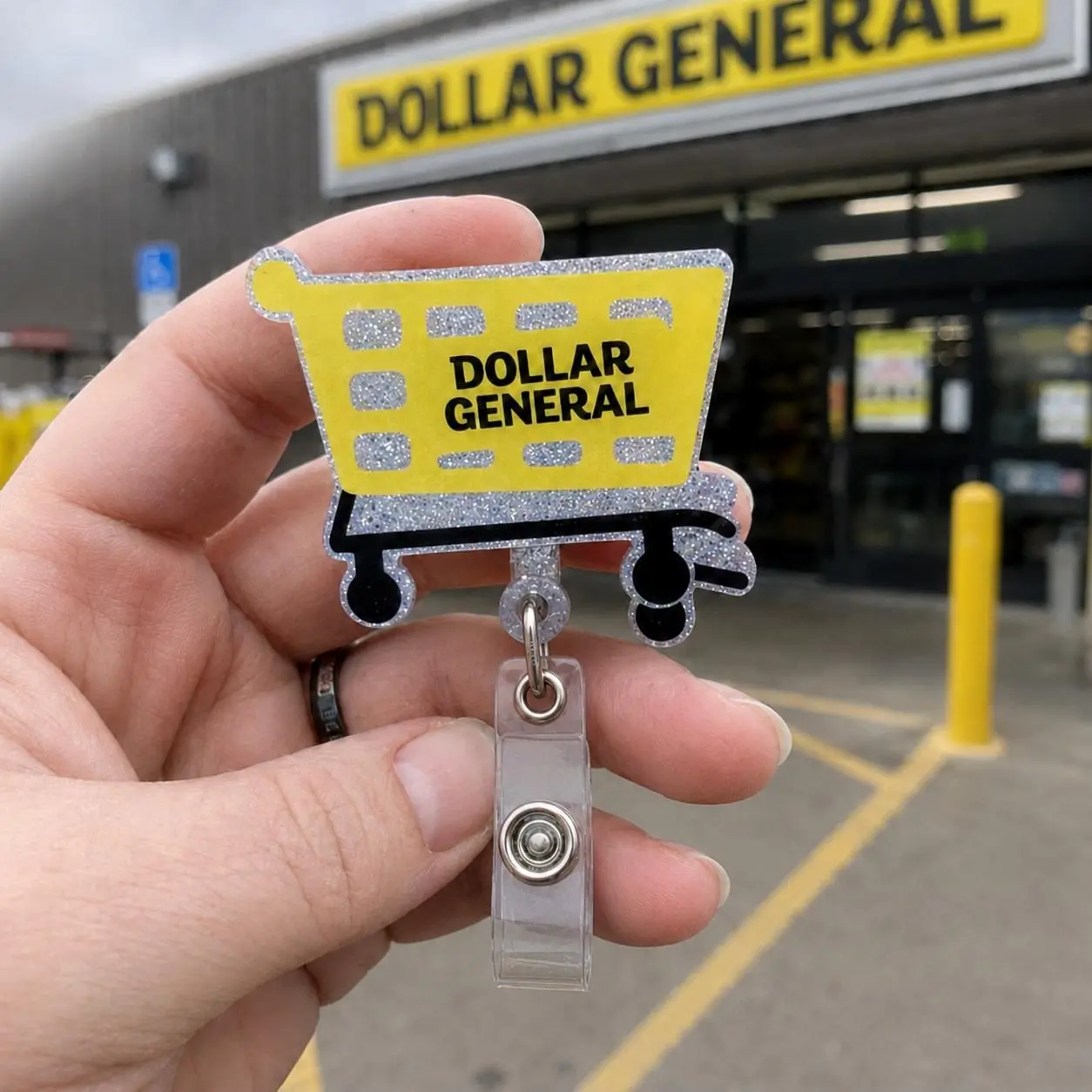 Cashier Badge Reel, Shopping Cart Glitter Acrylic Retail Worker Badge Holder, Retractable Clip for Grocery Store Employee Staff