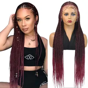 DOSAY Red Burgundy Cornrow Braided Wigs Synthetic Full Lace Wig Fulani Braids African With Baby Hair Braided Lace Front Wigs 32 Inches 360 Full Lace Front Heat Resistant Fiber