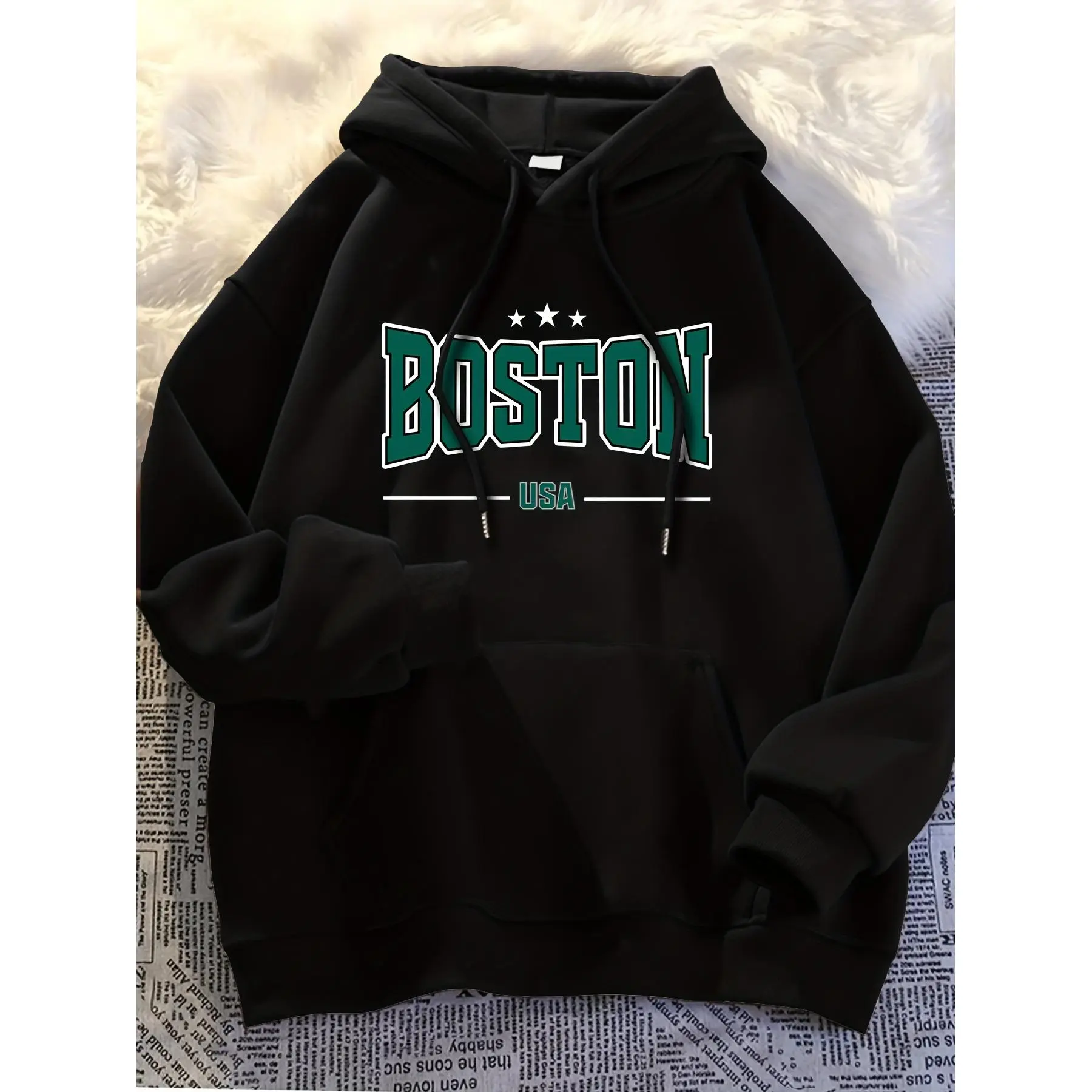 Men's Boston EST 1997 Letters Graphic Knitting Hoodie - Menswear Sweatshirts, Casual Loose Fit Cotton-Polyester Blend Long Sleeve Pullover, Front Pocket, Digital Print, Elastic, Machine Washable, No Dry Clean, Crocheted/Woolen Fabrics, Do Not Dry Clean
