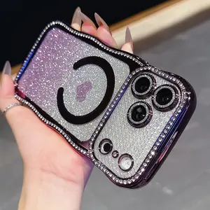 Fashionable Wave Electroplated Large Window Star Diamond Glitter Lens Film, Magnetic Wireless Charging, Gradient Heart Glitter Phone Case