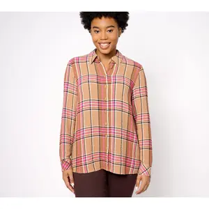 Denim & Co. Waffle Weave Petite Button Front Plaid Shirt
