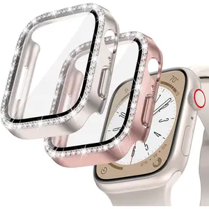 Goton 2-Pack Bling Case for Apple Watch Series 9 8 7 Screen Protector 41mm, Women Glitter Diamond Rhinestone Bumper Glass Face Cover for iWatch Accessories 41 mm