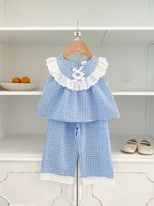 Baby Girl Plaid Vest and Pants Set, Lace and Bow Design, Perfect for Summer Vacation and Beach Time, Fashionable Daily Clothing