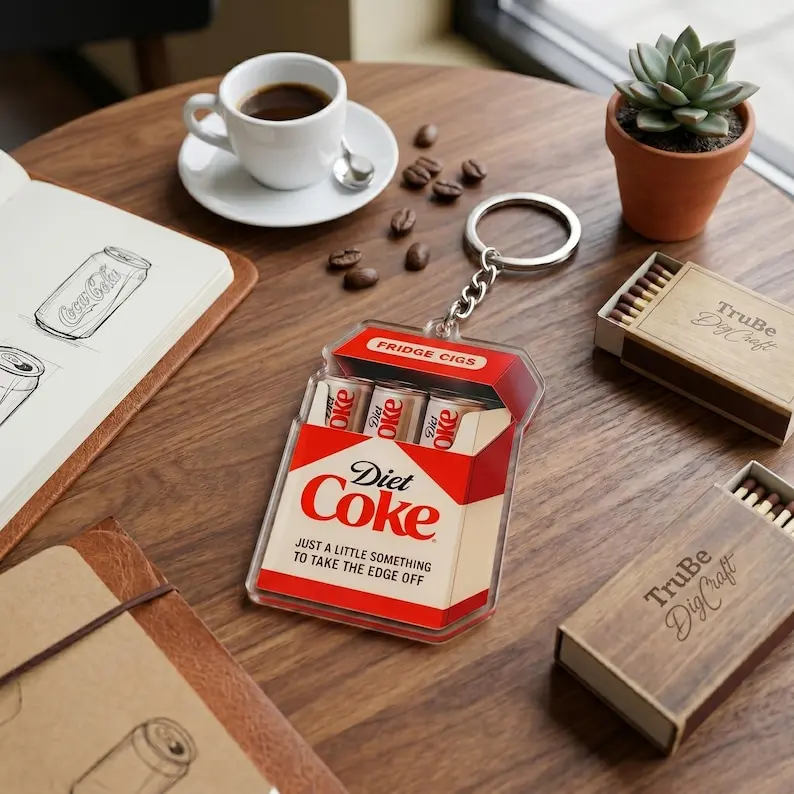 Funny Diet Coke Fridge Cigs Keychain, Sarcastic Soda Lover Keyring, Take The Edge Off Office Gag Gift, Unique Beverage Pack Bag Tag