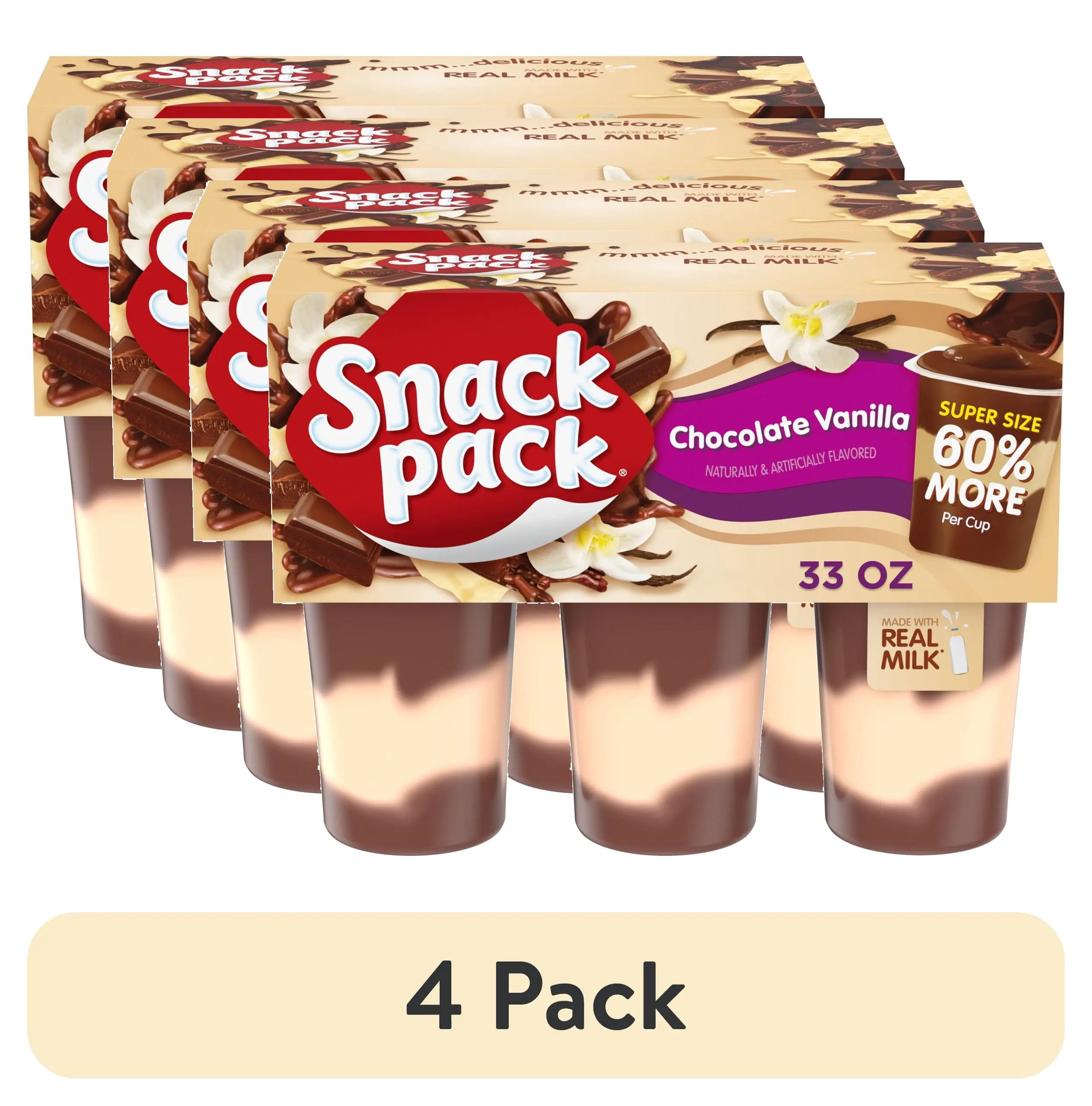 (4 pack) Snack Pack Super Size Chocolate Vanilla Flavored Pudding, 5.5 oz Pudding Cups, 6 Count