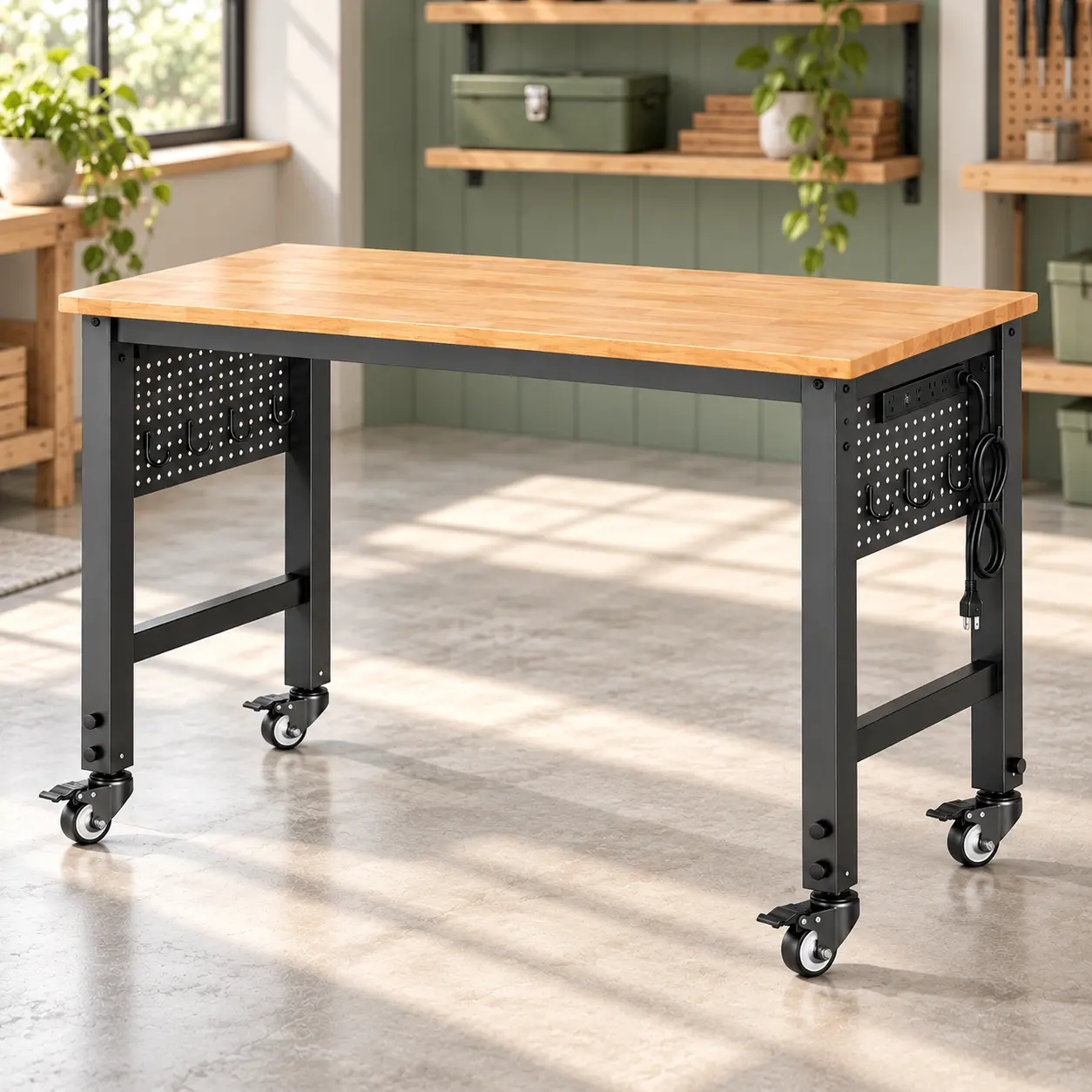 GREENVELLY 48 x 24 in / 60 x 24 in Adjustable Workbench with Wheels, Wood Top, Pegboards and Power Strip