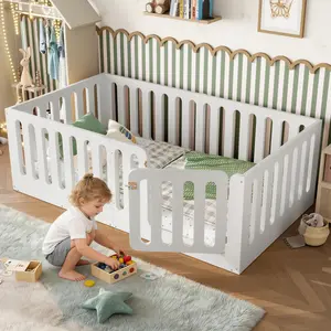 Twin Size Floor Bed with High Fence for, Solid Wood Montessori Bed with Door, low-profile and No Box Spring Needed Design, White.(Patent Protection)