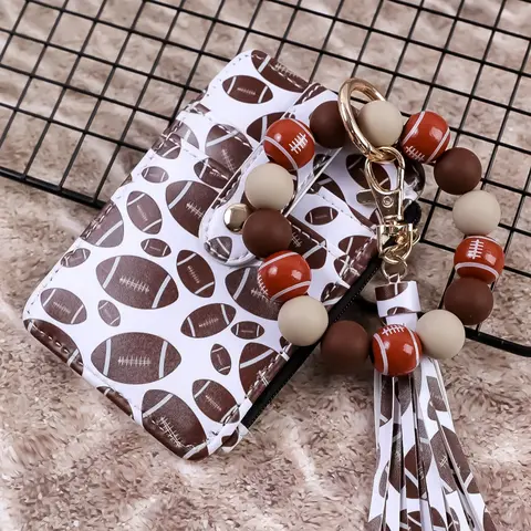 Sporty Keychain Card Holder, Football Basketball Baseball Design, Colorful Beads & Tassel, Beaded Tassel Keychain, Perfect Gift for Sports Lovers, Keychain Pendant