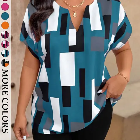 Women's Plus Size Geometric Print Blouse, Notched V-Neck Short-Sleeve Top, Casual Loose-Fit Tunic Shirt, Colorblock Business Workwear, Elegant Modest Daily Wear, Spring & Summer Everyday Womenswear, Blouse Shirts