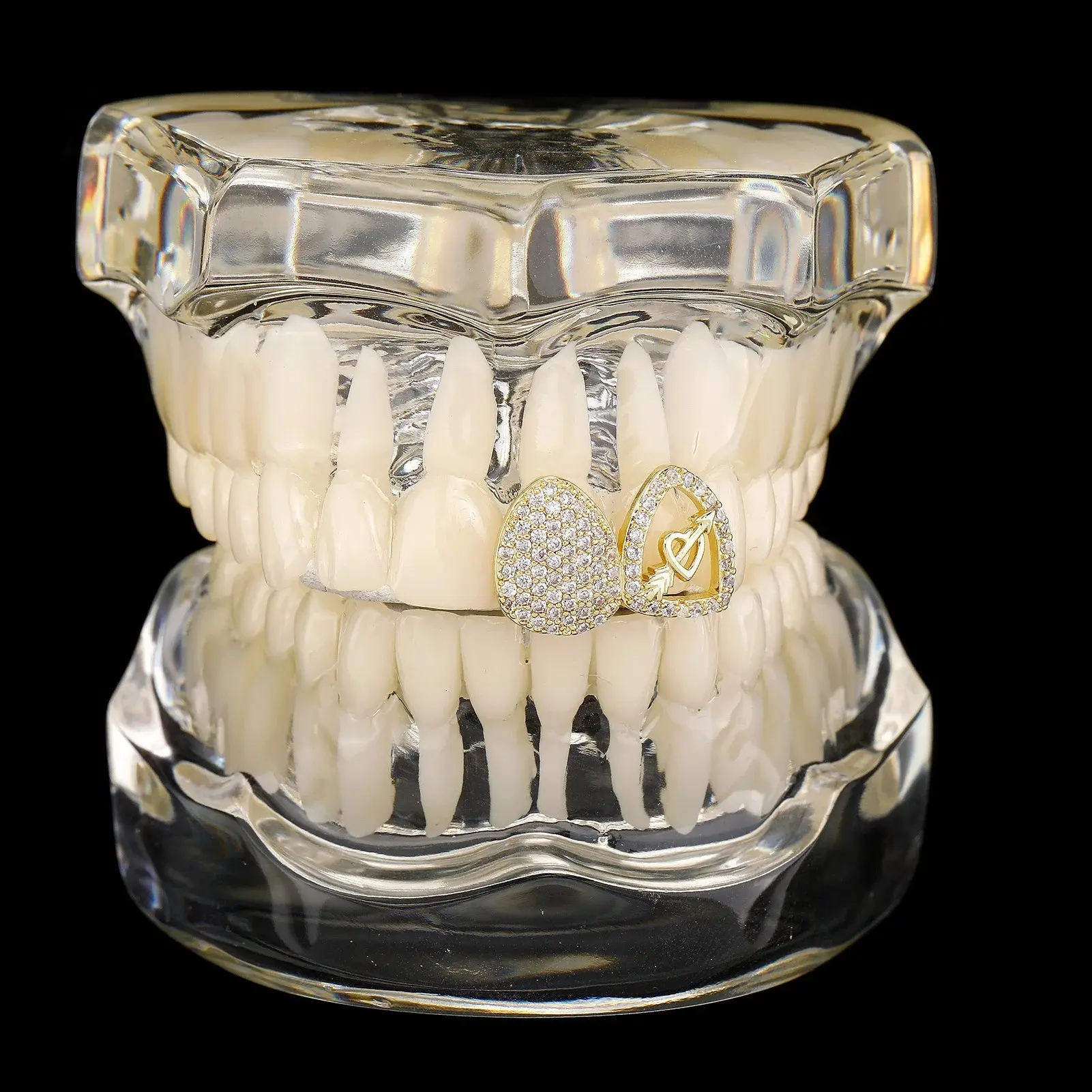 Hip Hop Double Love Heart Hollow Zircon Teeth Grillz 14K Gold Plated CZ Stone Tooth Caps For Women Men Couple Jewelry
