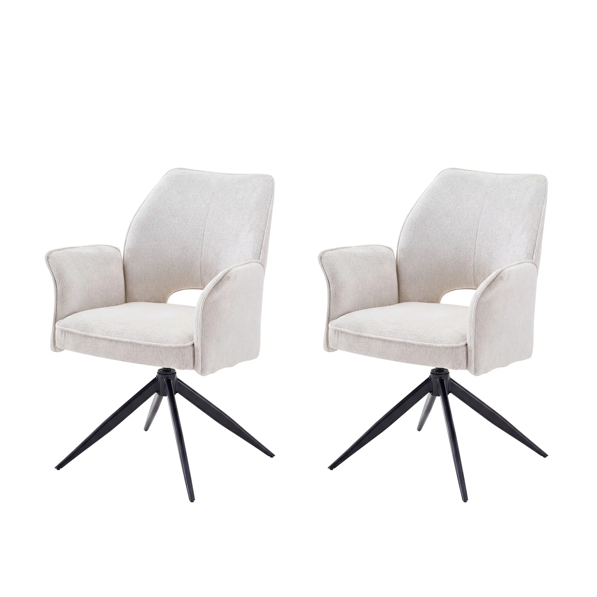 Set of 2 White Swivel Dining Chairs with Cushioned Fabric Seat, 360° Rotation, Removable Armrests, Metal & Wood Base, Contemporary Armchair for Kitchen, Living Room, Home Office