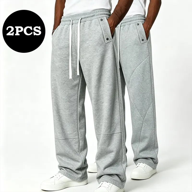 Menswear Men's 2-Pack Autumn/Winter Geometric Patchwork Sweatpants - Loose Drapey Straight-Leg Drawstring Hip-Hop Casual Long Pants