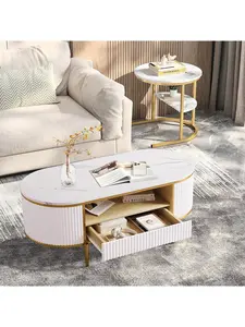 【Christmas Gift】Modern Fluted Coffee Table, 48'' Modern Oval Coffee Table With Drawer, Faux Marble Top, Curved Profile Center Table With Storage, Gold Metal Decor, Center Table For Living Room, White