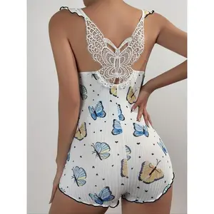 Women's Butterfly & Heart Print Embroidery Cami Romper, Cute Bow Decor Ruffle Trim Contrast Binding Romper for Daily Wear, Ladies Sleepwear