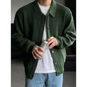 Early Autumn Dark Green Lapel Knitwear Cardigan Coat Men's Sweater Korean Style Men's Fashion Wear Casual