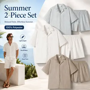 2-piece set for men: solid-color short-sleeve shirt and shorts. Comfortable, soft, and lightweight casual wear—summer outfit suitable for leisure, relaxation, travel, and beach vacations.