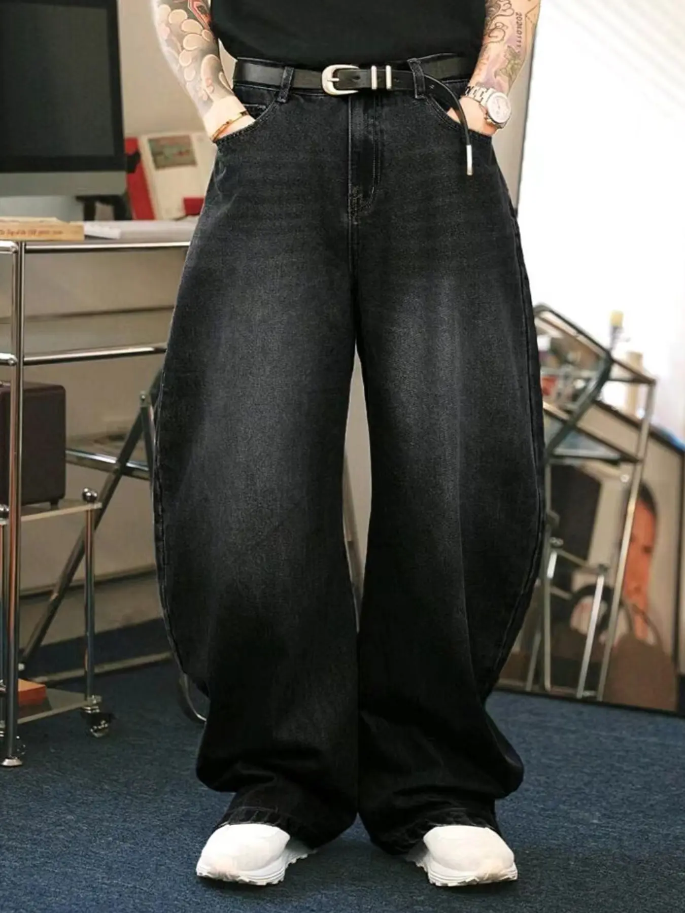 Men's Vintage Loose-Fit Casual Streetwear Plain Jeans with Pockets, All-Season Fashion, Comfortable Denim Pants for Everyday Wear