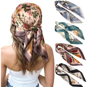 4 Pcs 27 Inch Silk Feeling Square Head Scarf - Satin Square Head Scarves for Women Hair Bandanas Butterfly Turban Hijab