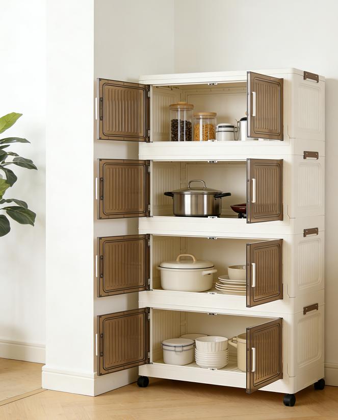 5-tier foldable, stackable plastic storage cabinet with wheels and lid—suitable for various home spaces: bedroom, living room, wardrobe/closet, bathroom, shower, kitchen, hat storage, shoe rack organizer, rack.