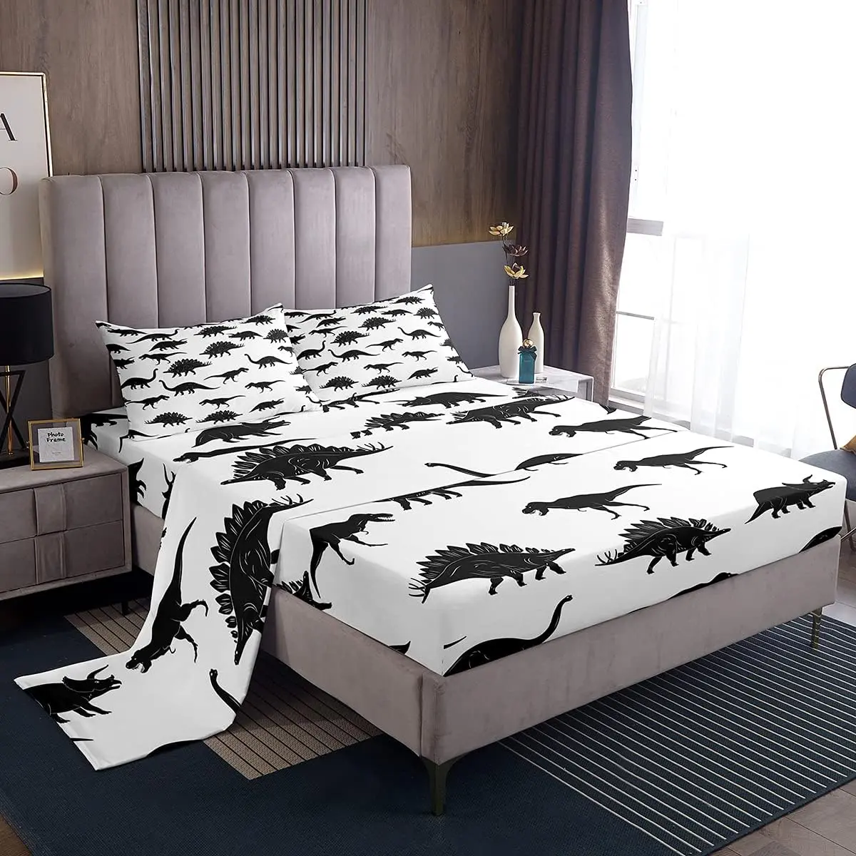 Feelyou Microfiber Bedding Set - Soft Cozy Dinosaur & Jungle Animal Pattern Linens, White-Black Wild Dino Design Queen Size Bedding for Kids' Bedrooms