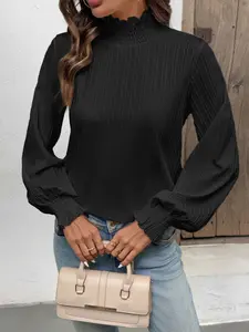 Women's Elegant Ruched Lantern Sleeve High Neck Shirt, Simple Fashion Commuter Versatile Solid Color Top, Stylish Office Wear