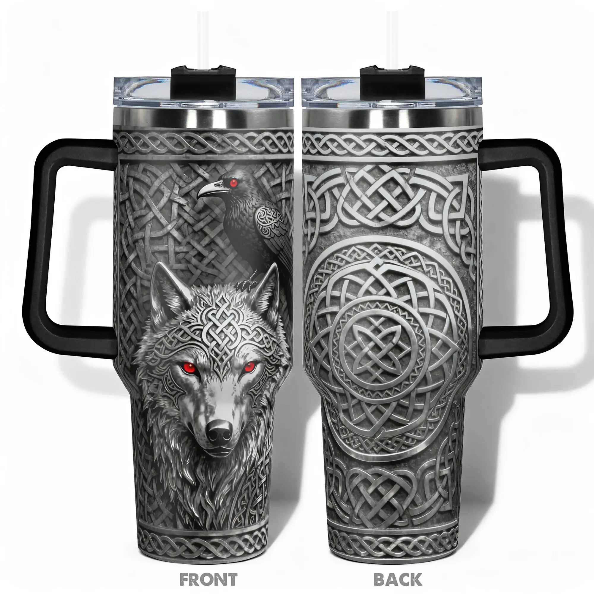 1pc Stainless Steel Cup, Stainless Steel Tumbler, Double Walled Tumbler, Double Wall Insulated, 40oz/30oz Water Bottle, Design With Celtic Wolf and Raven Knotwork Leakproof Large Capacity, Insulated Travel Drinkware, Gym, Hiking, Travel