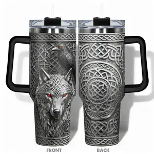 1pc Stainless Steel Cup, Stainless Steel Tumbler, 40oz/30oz/14oz Water Bottle, Funny Design With Celtic Wolf and Raven Knotwork Double-layer insulation Leakproof Large Capacity, Insulated Travel Drinkware, Gym, Hiking, Travel Ideal Birthday Chr