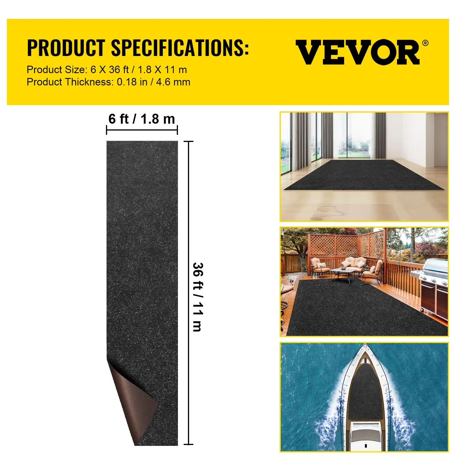 【Backtoschool】VEVOR Marine Carpet, 6 x 36 ft Boat Carpeting, Charcoal Black Marine Grade Boat Carpet, Indoor/Outdoor Marine Carpeting with Water-proof TPR Backing, Water-proof Carpet Roll for Home, Patio, Porch, De