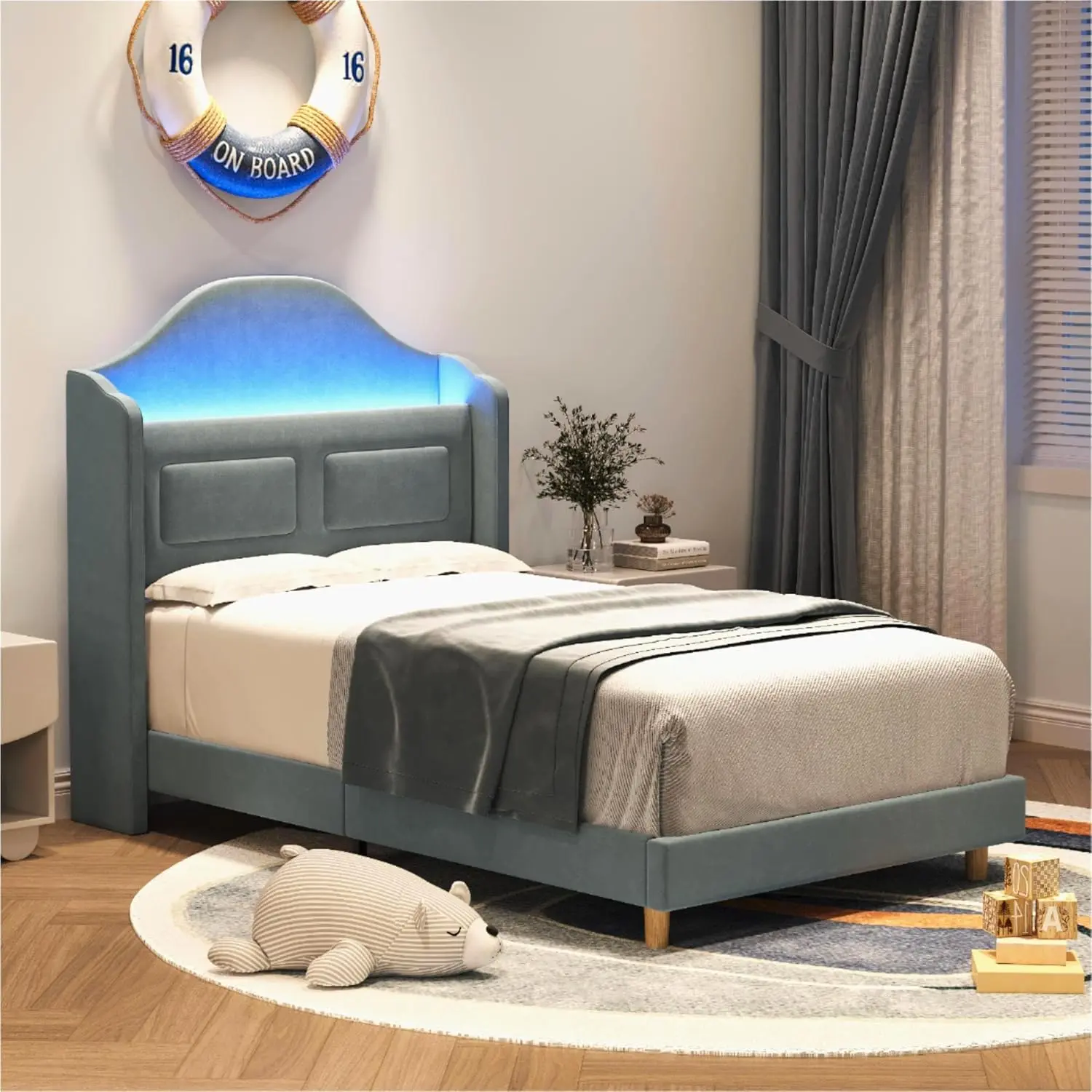 Twin Velvet Upholstered Ground Level Bed Frame - Wingback Design, Illuminated LED Lights, Hidden Storage Compartment Headboard, Wood Slat Support, No Box Spring Needed, Easy Assembly, Blue