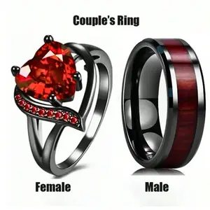Romantic Red Heart Couple Rings - Sparkling CZ Engagement Ring for Her & Classic Wedding Band for Him, Ideal Valentine's Day Gift